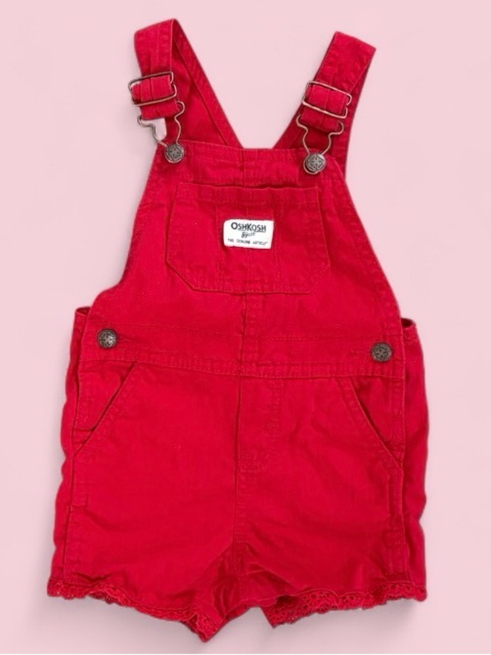 OshKosh B’gosh Red Eyelet Trim Baby Shortall Overalls Sz 18M